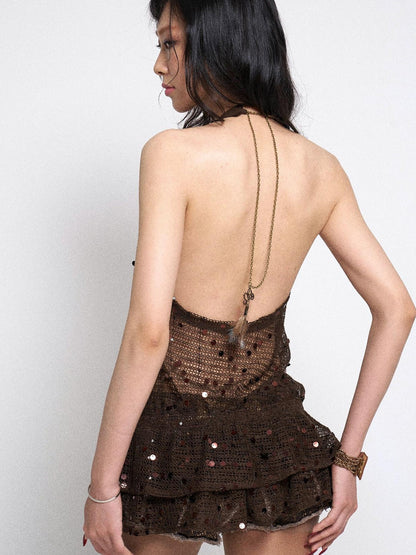 Flowers birds Market Y2K Sheer Mesh Slit Hollow Out Backless Halter Slip Dress