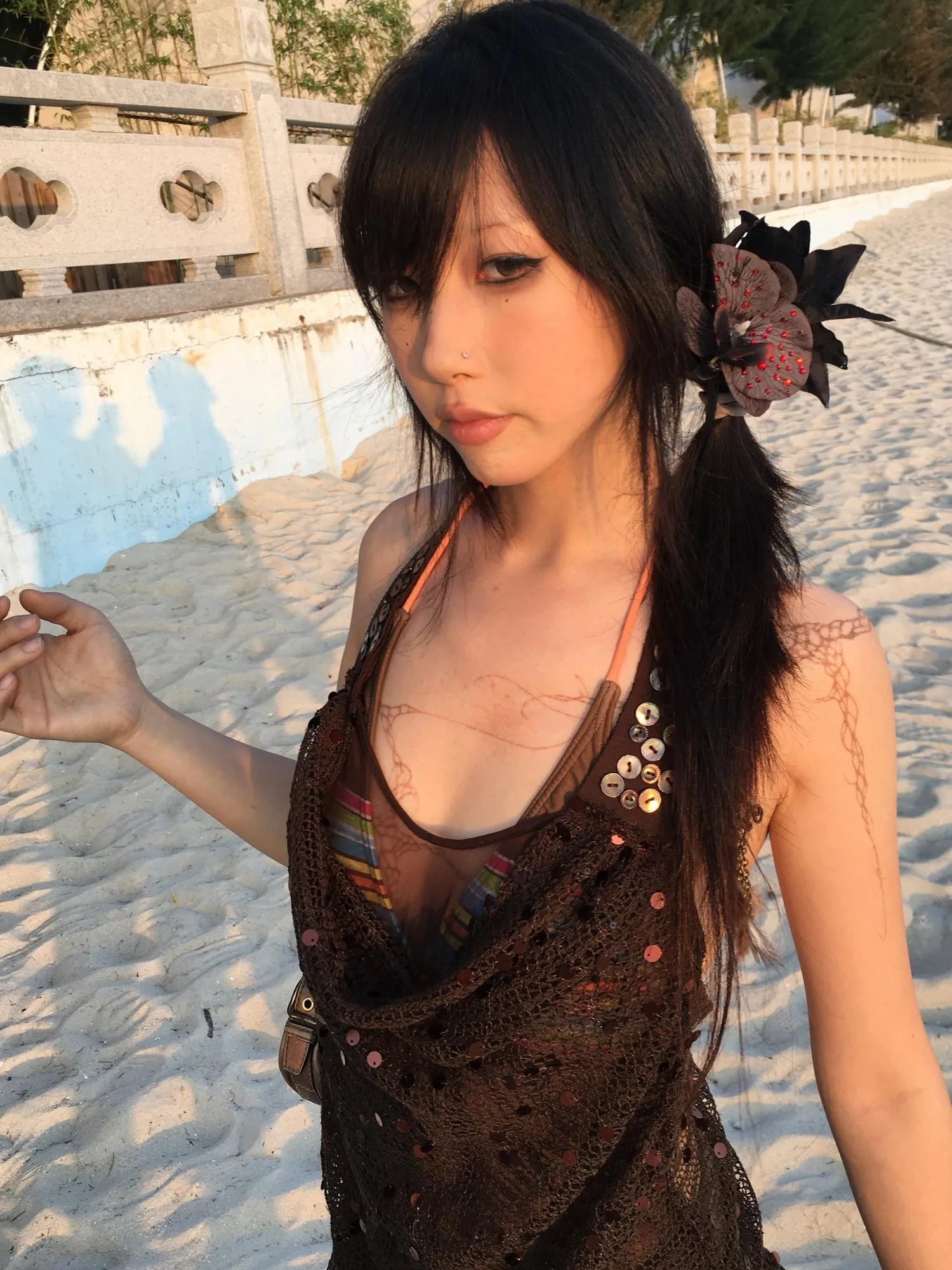 Y2K Sheer Mesh Slit Hollow Out Backless Halter Slip Dress