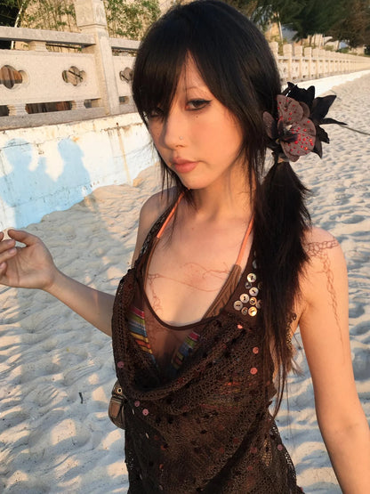 Y2K Sheer Mesh Slit Hollow Out Backless Halter Slip Dress