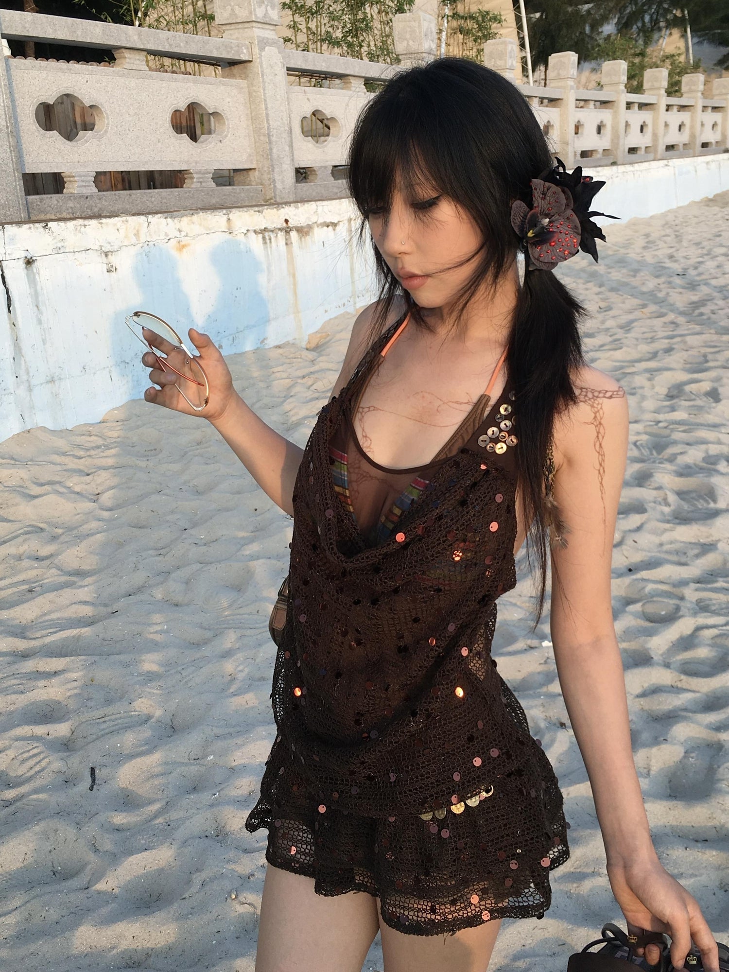 Flowers birds Market Y2K Sheer Mesh Slit Hollow Out Backless Halter Slip Dress