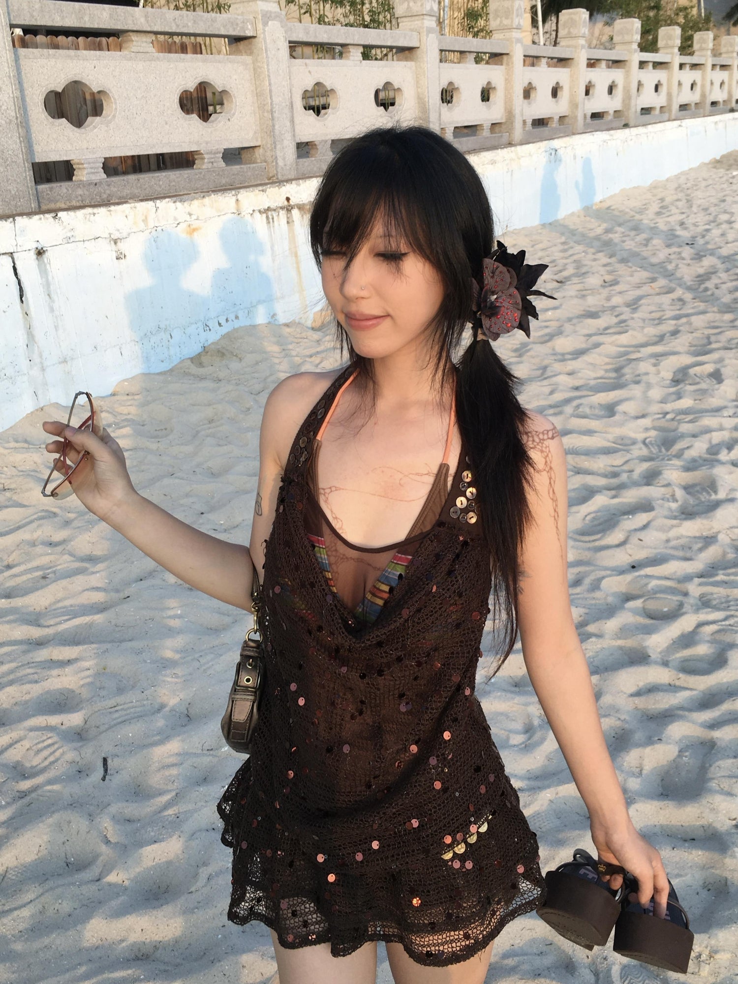 Flowers birds Market Y2K Sheer Mesh Slit Hollow Out Backless Halter Slip Dress