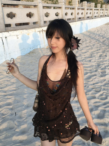 Flowers birds Market Y2K Sheer Mesh Slit Hollow Out Backless Halter Slip Dress