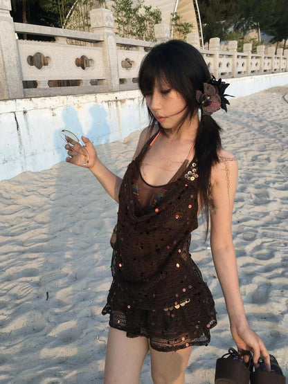 Y2K Sheer Mesh Slit Hollow Out Backless Halter Slip Dress