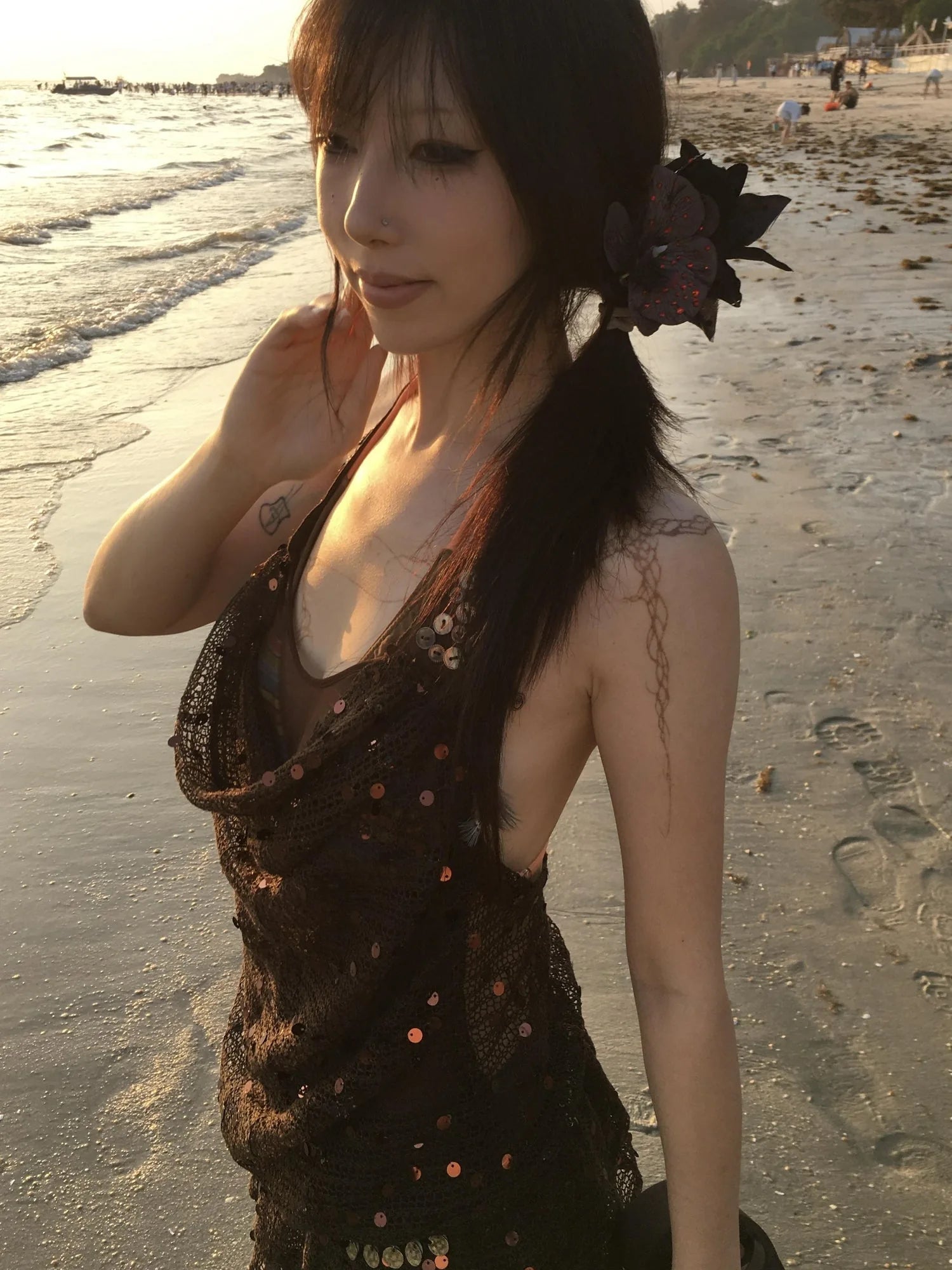 Y2K Sheer Mesh Slit Hollow Out Backless Halter Slip Dress