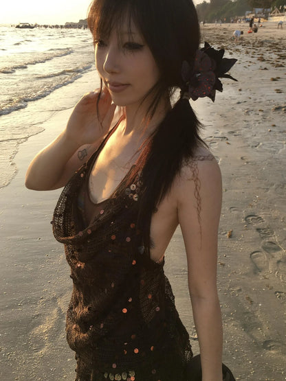 Y2K Sheer Mesh Slit Hollow Out Backless Halter Slip Dress