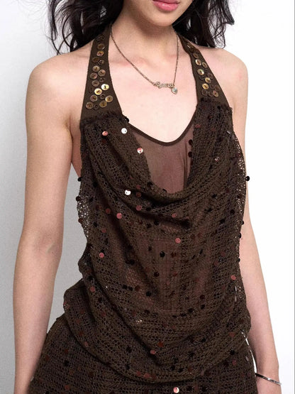 Y2K Sheer Mesh Slit Hollow Out Backless Halter Slip Dress