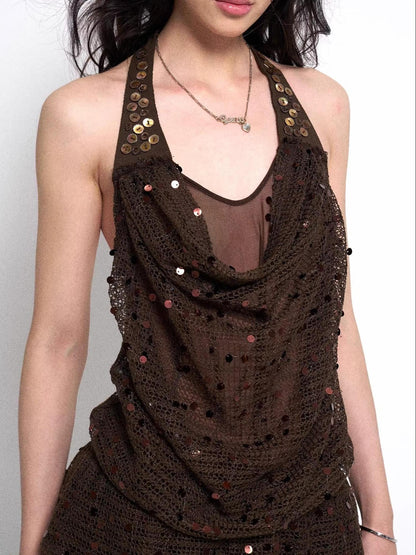 Flowers birds Market Y2K Sheer Mesh Slit Hollow Out Backless Halter Slip Dress