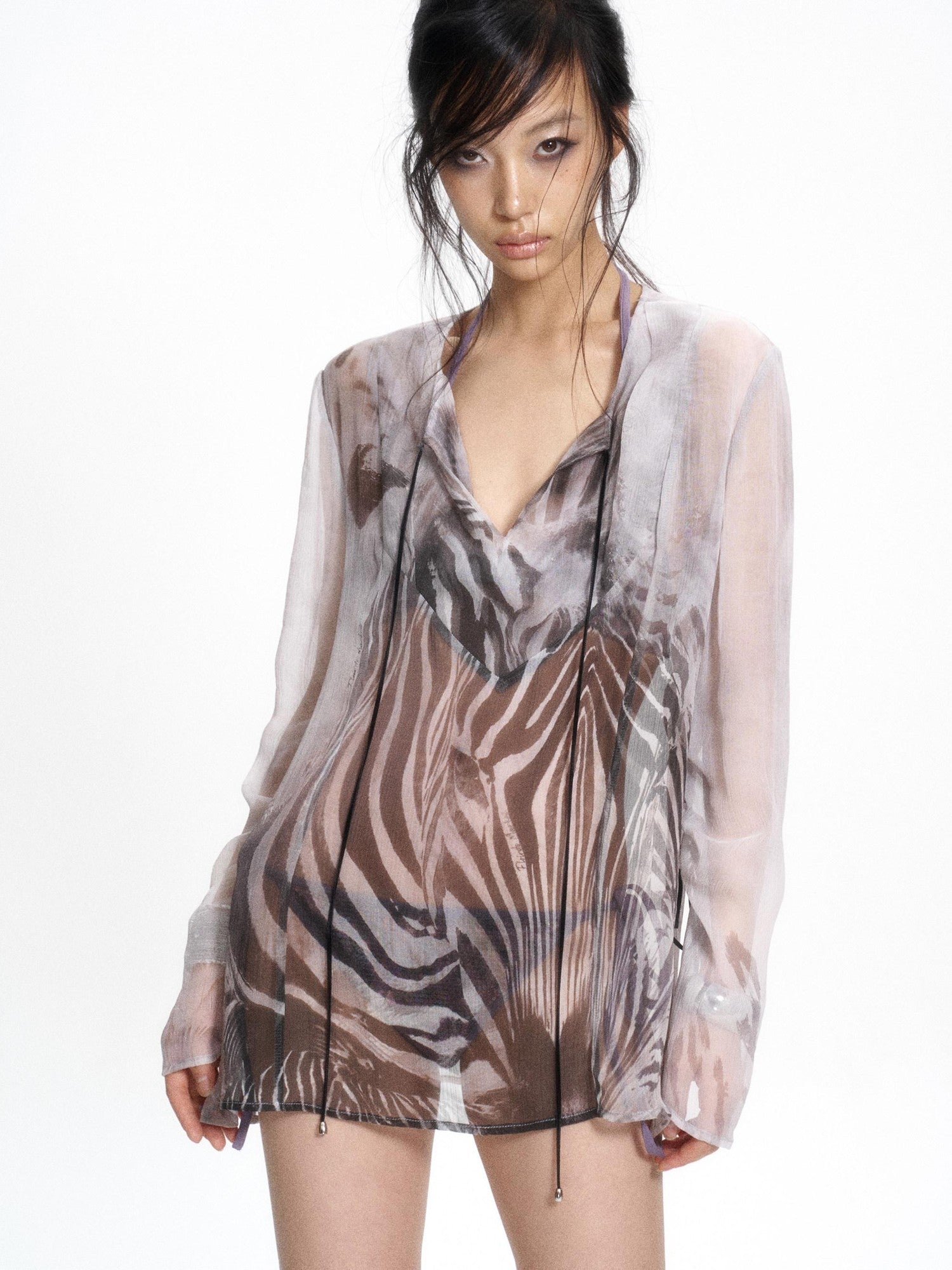 Flowers birds Market Zebra Print Tie Ruched V-neck Women&