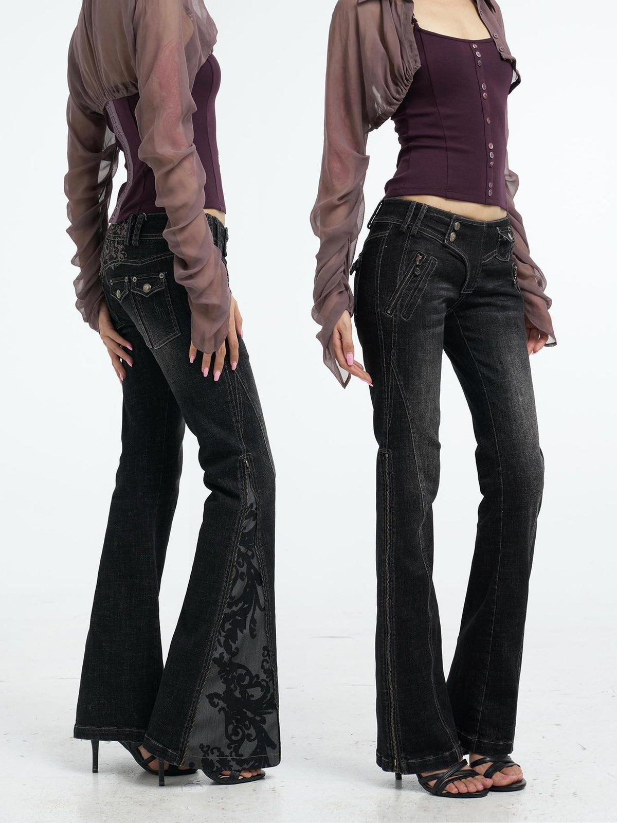 Flowers birds Market Zip Front Distressed Embroidered Women&