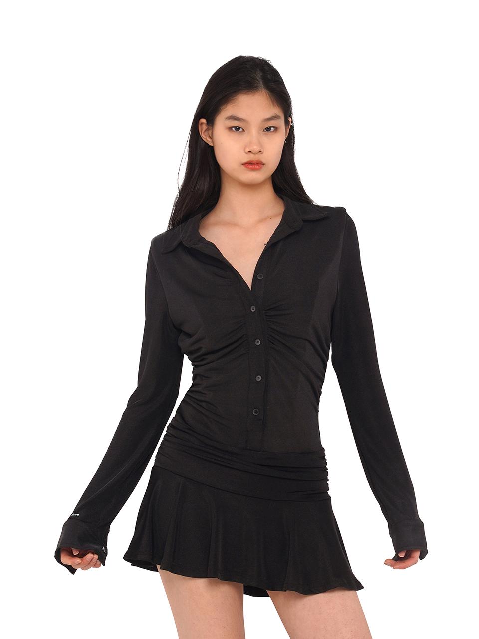 SweetChilling Flowy Casual Drop Waist Pleated Shirt Collar Dress