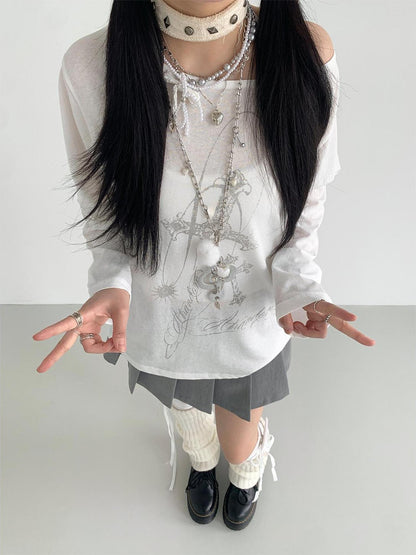 atrandom Flowy Off-Shoulder Printed Blouse Long Sleeve Sunshirt Top