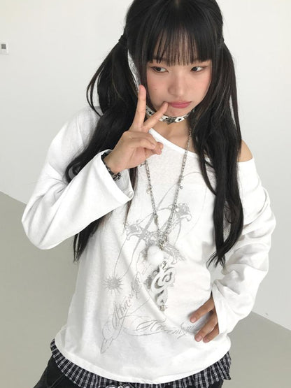 atrandom Flowy Off-Shoulder Printed Blouse Long Sleeve Sunshirt Top