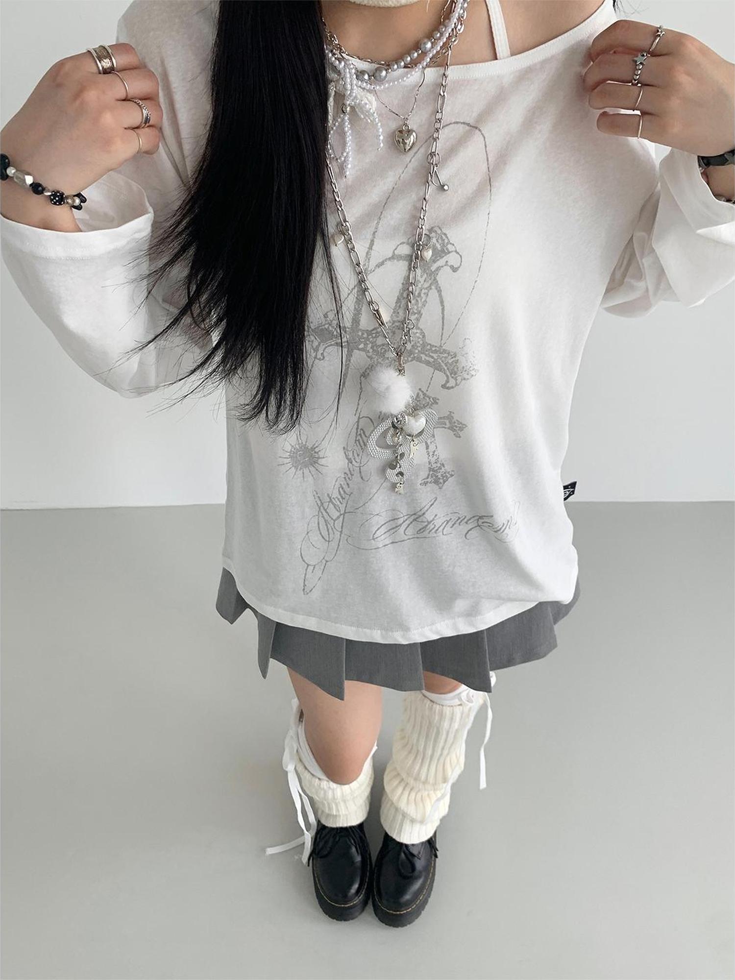 atrandom Flowy Off-Shoulder Printed Blouse Long Sleeve Sunshirt Top