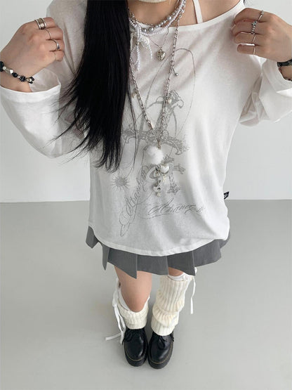 atrandom Flowy Off-Shoulder Printed Blouse Long Sleeve Sunshirt Top
