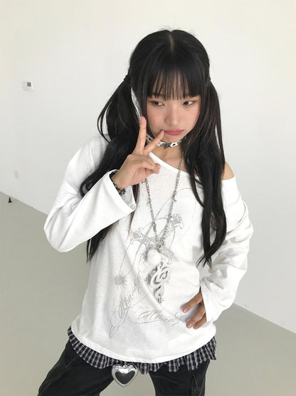 atrandom Flowy Off-Shoulder Printed Blouse Long Sleeve Sunshirt Top