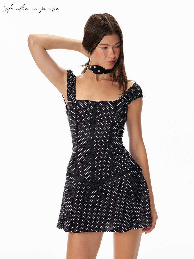 STRIKE A POSE Flowy Polka Dot Lace Trim Bodycon Mini Dress