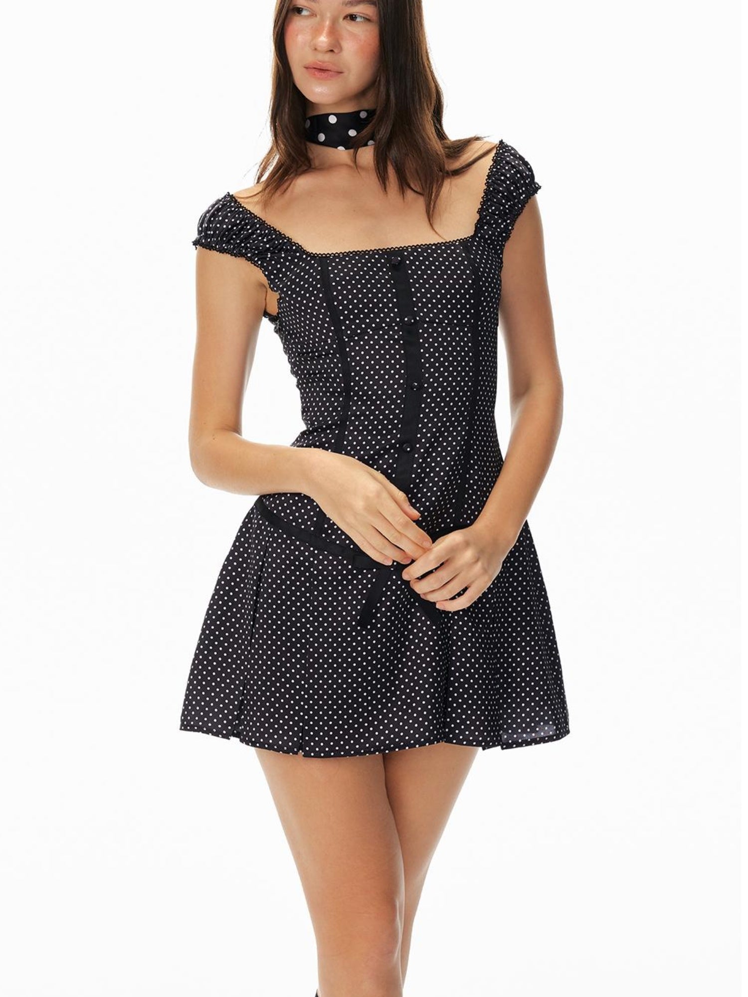 STRIKE A POSE Flowy Polka Dot Lace Trim Bodycon Mini Dress