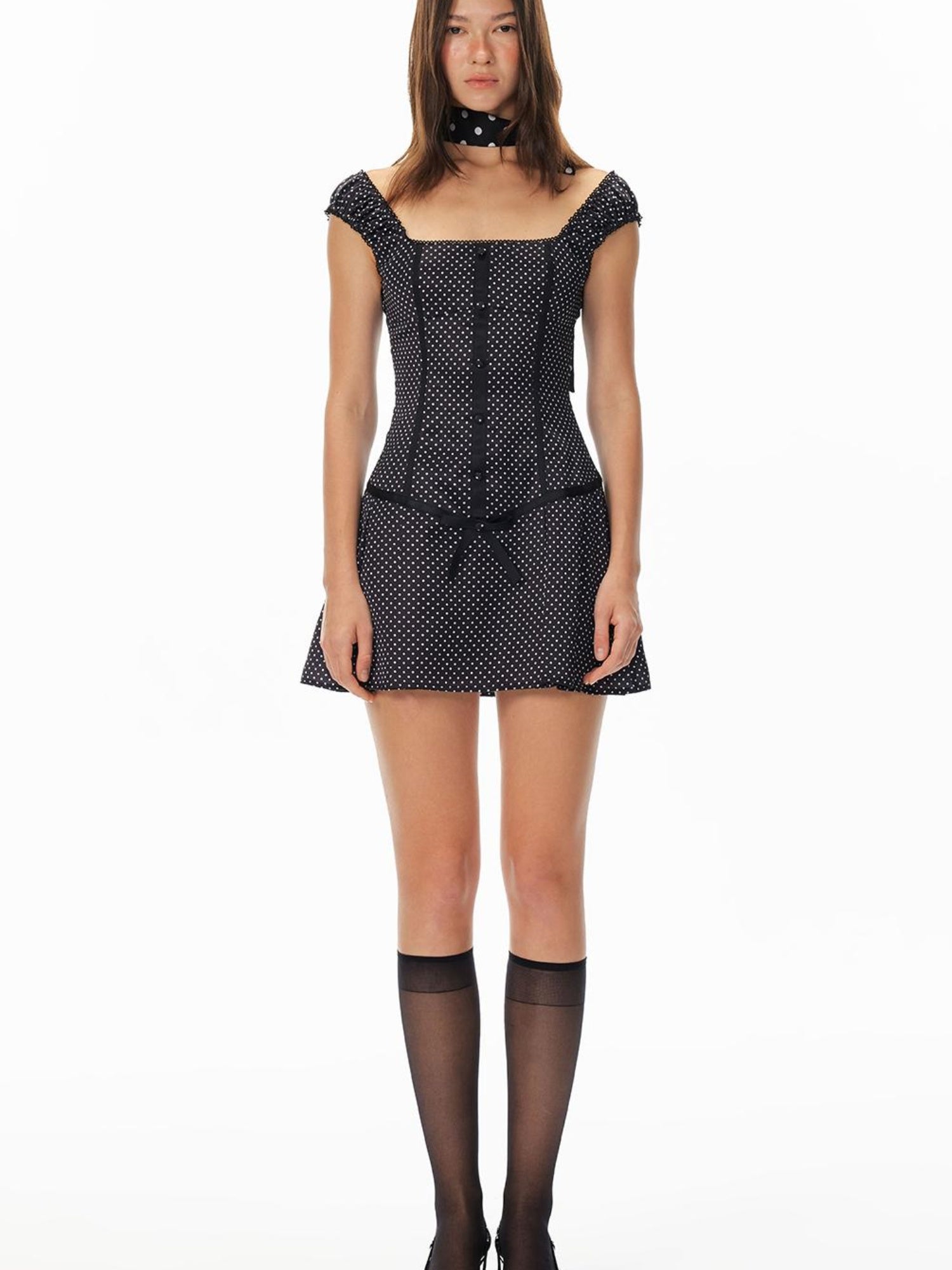 STRIKE A POSE Flowy Polka Dot Lace Trim Bodycon Mini Dress