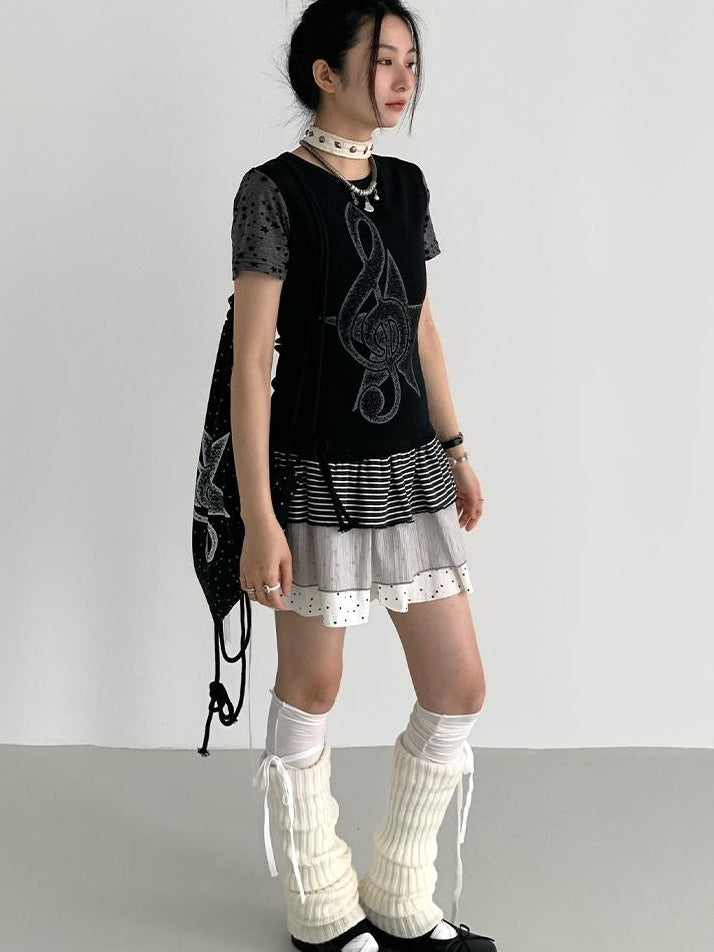 Flowy Tiered Ruffle Polka Dot Striped Midi Skirt
