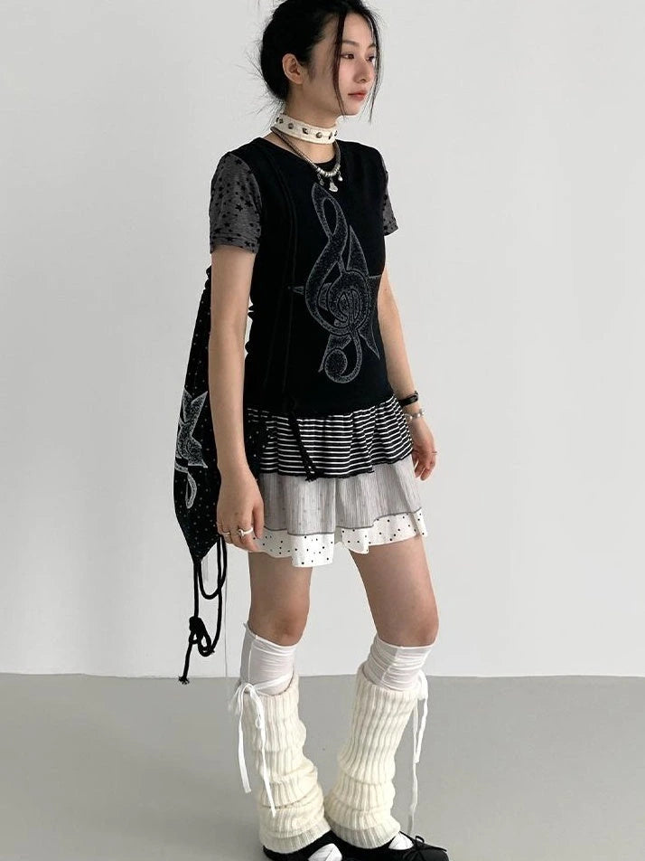 Flowy Tiered Ruffle Polka Dot Striped Midi Skirt