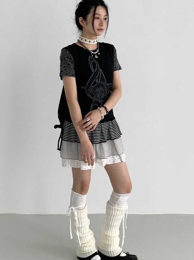 Flowy Tiered Ruffle Polka Dot Striped Midi Skirt