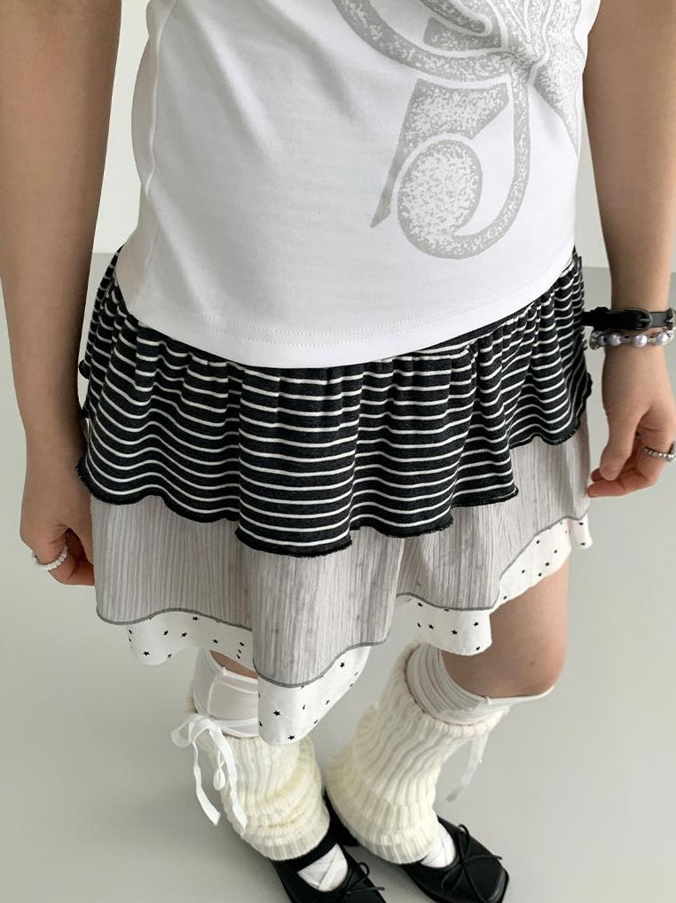 Flowy Tiered Ruffle Polka Dot Striped Midi Skirt