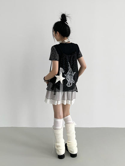 Flowy Tiered Ruffle Polka Dot Striped Midi Skirt