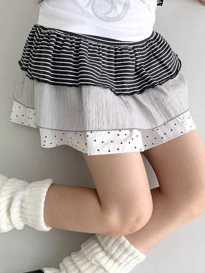Flowy Tiered Ruffle Polka Dot Striped Midi Skirt