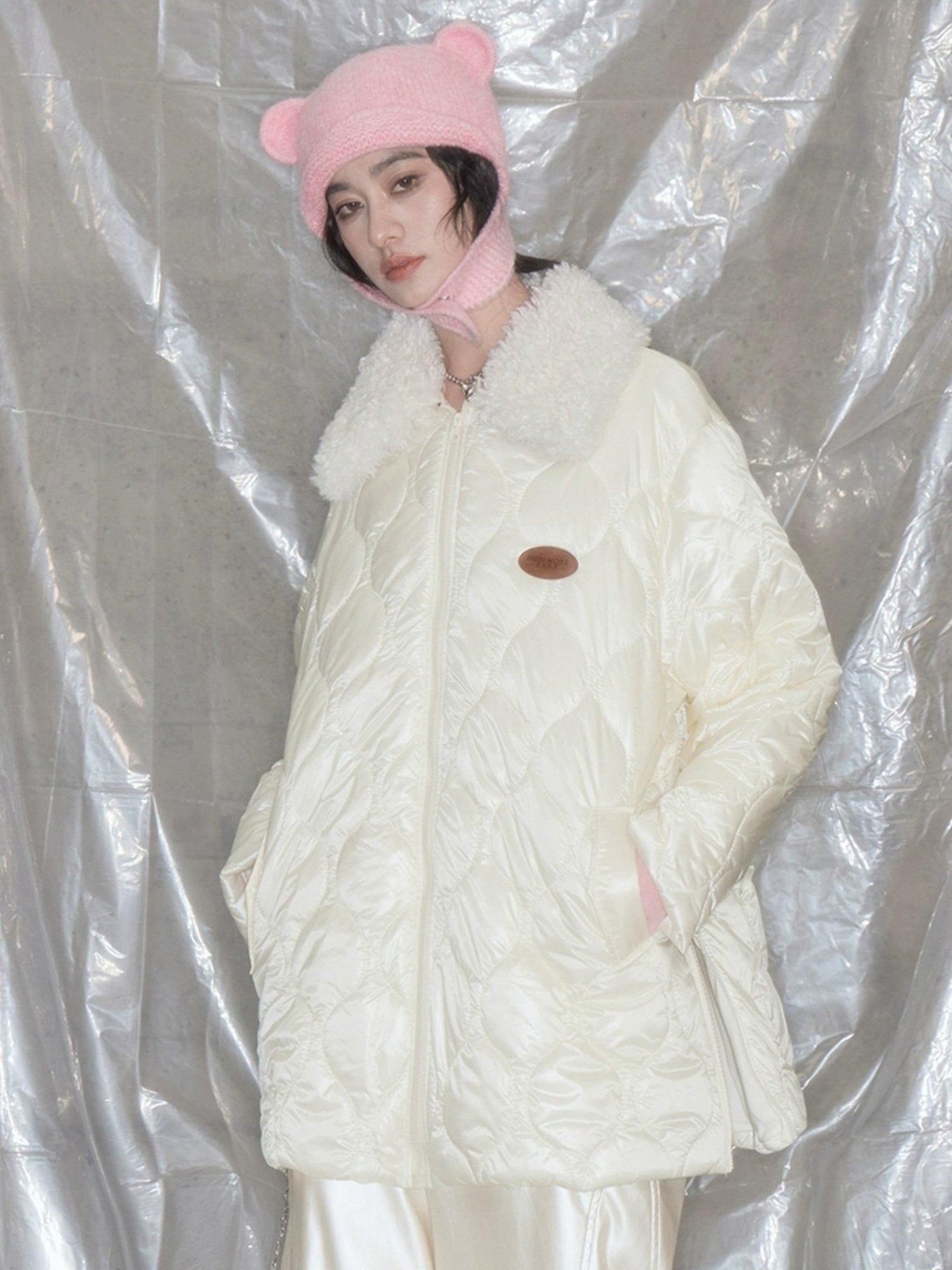 DIDDI MODA Fluffy Collar Gourd Patterned Winter Coat