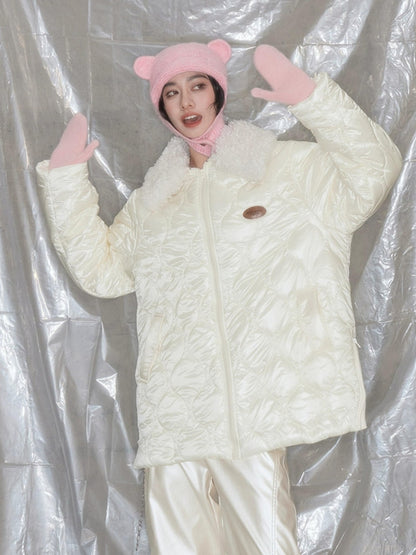 DIDDI MODA Fluffy Collar Gourd Patterned Winter Coat