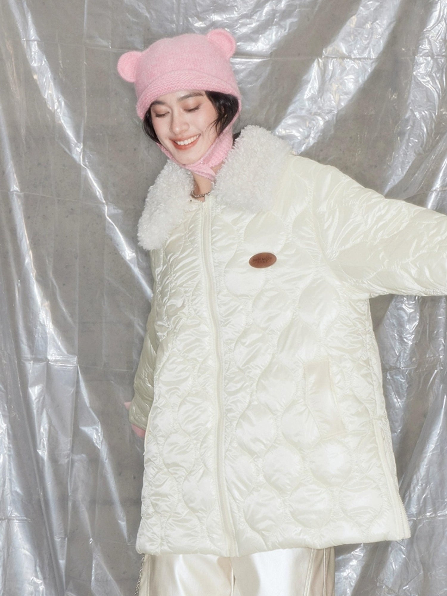 DIDDI MODA Fluffy Collar Gourd Patterned Winter Coat