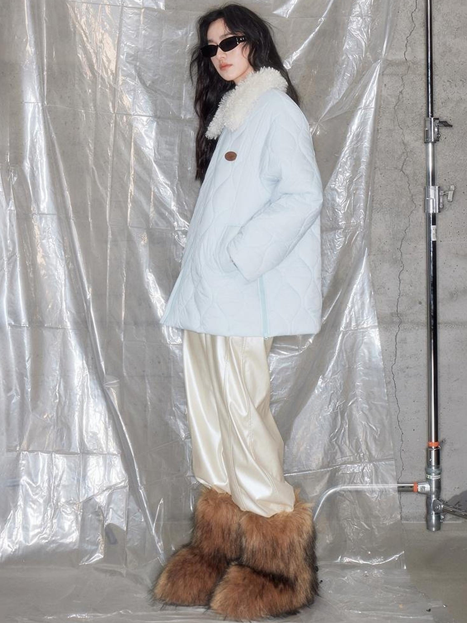 DIDDI MODA Fluffy Collar Gourd Patterned Winter Coat