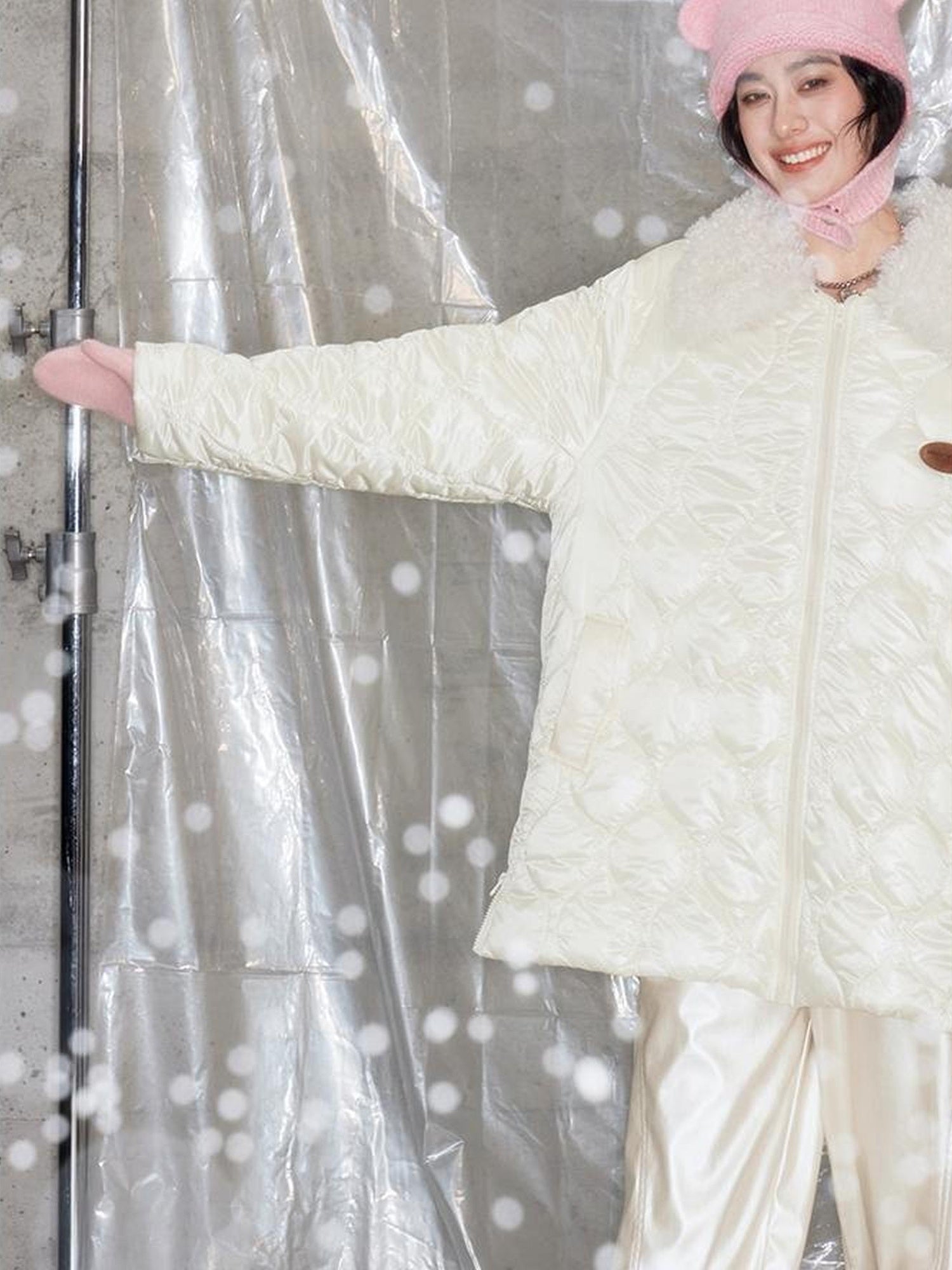 DIDDI MODA Fluffy Collar Gourd Patterned Winter Coat