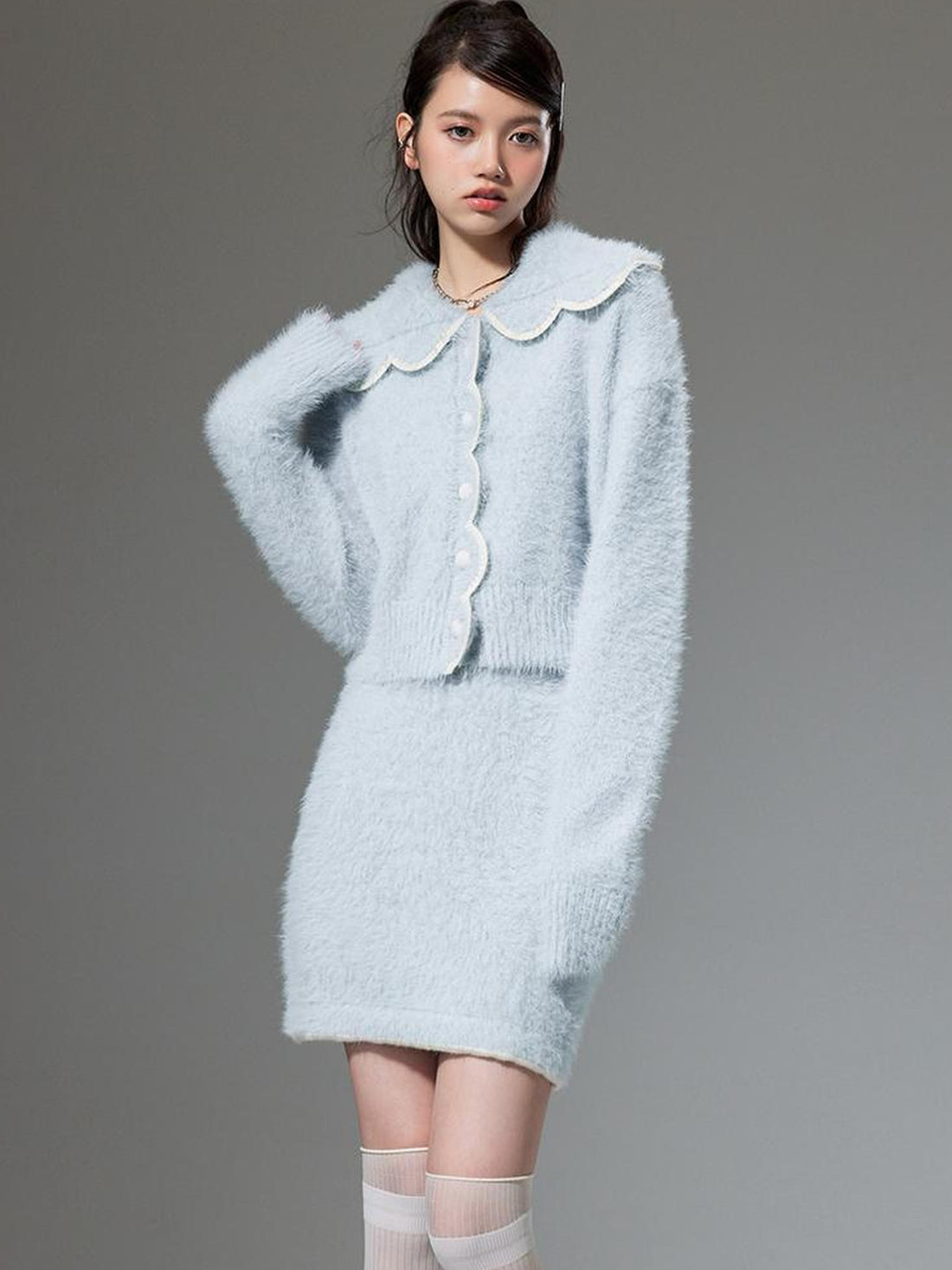 DIDDI MODA Fluffy Cozy Knit Set With Lace Trim