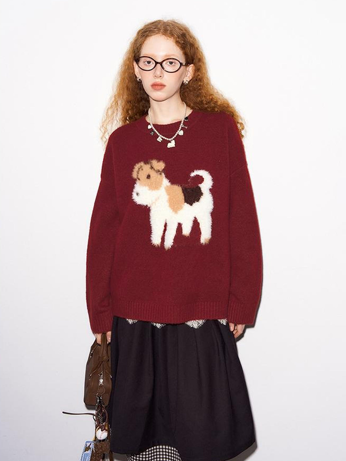 DIDDI MODA Fluffy Puppy Jacquard Sweater Cozy Cute Knitwear