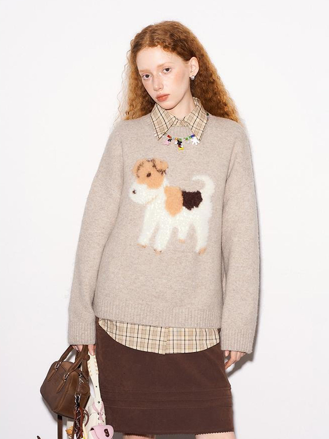 DIDDI MODA Fluffy Puppy Jacquard Sweater Cozy Cute Knitwear