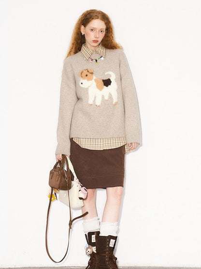 DIDDI MODA Fluffy Puppy Jacquard Sweater Cozy Cute Knitwear