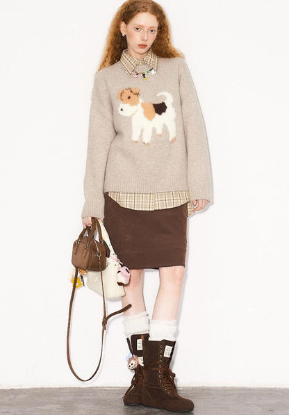 DIDDI MODA Fluffy Puppy Jacquard Sweater Cozy Cute Knitwear