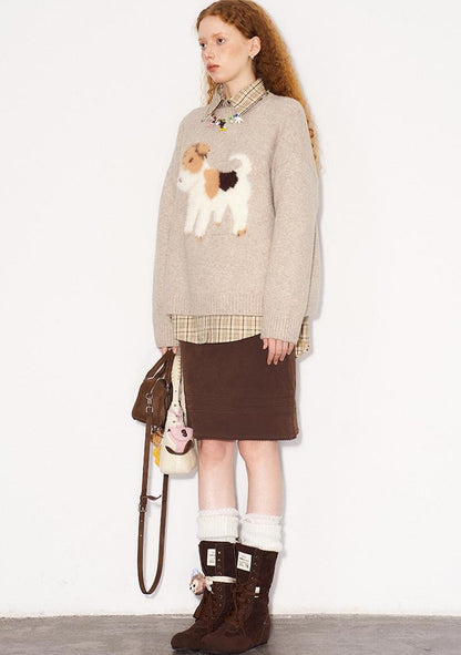 DIDDI MODA Fluffy Puppy Jacquard Sweater Cozy Cute Knitwear