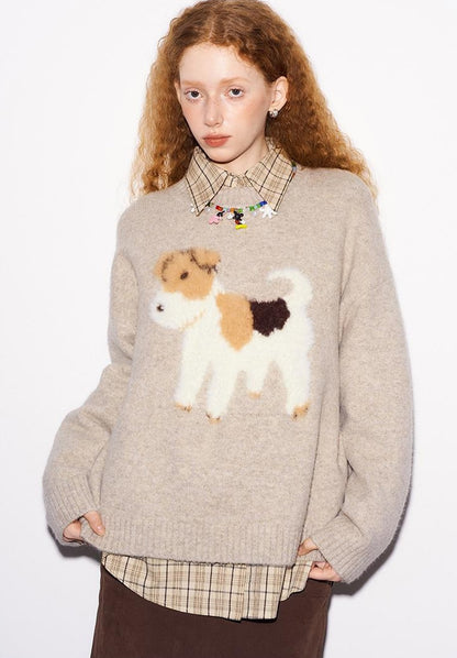DIDDI MODA Fluffy Puppy Jacquard Sweater Cozy Cute Knitwear