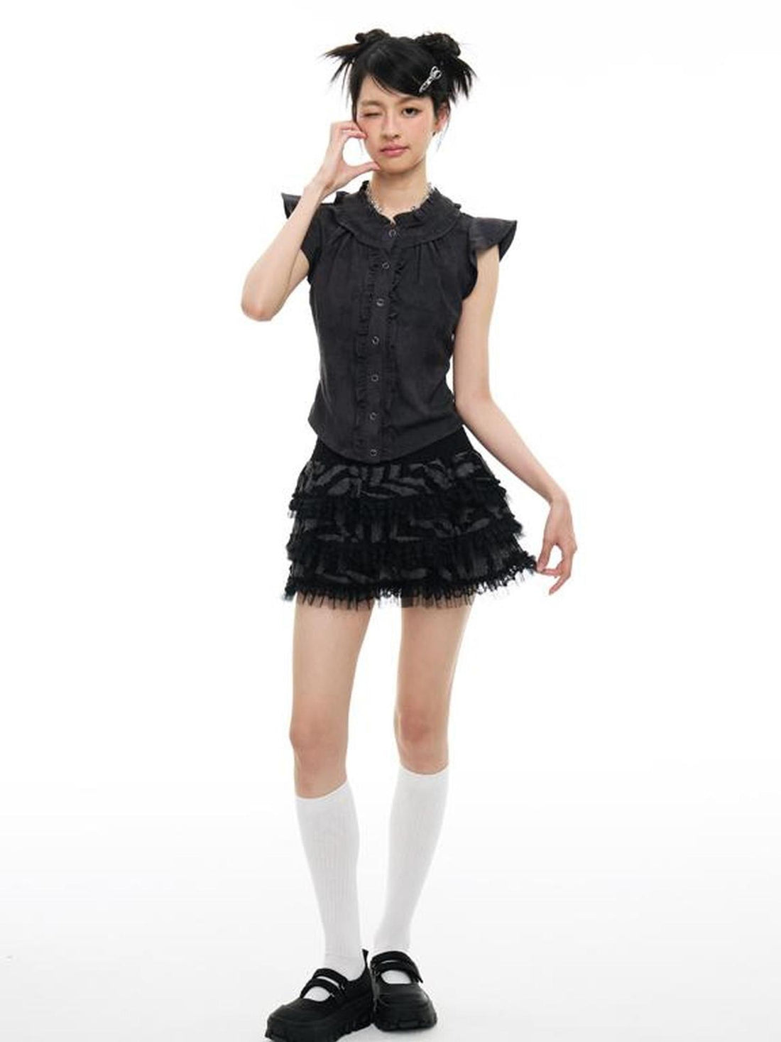 MOMSYCAN FOX LINE Fluttery Lace Trim Sleeveless Blouse Seaside Breeze