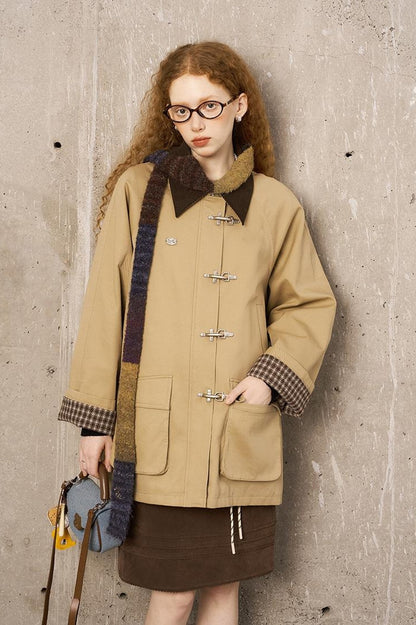 DIDDI MODA Foldable Cuff Metal Button Trench Coat With Corduroy Panels