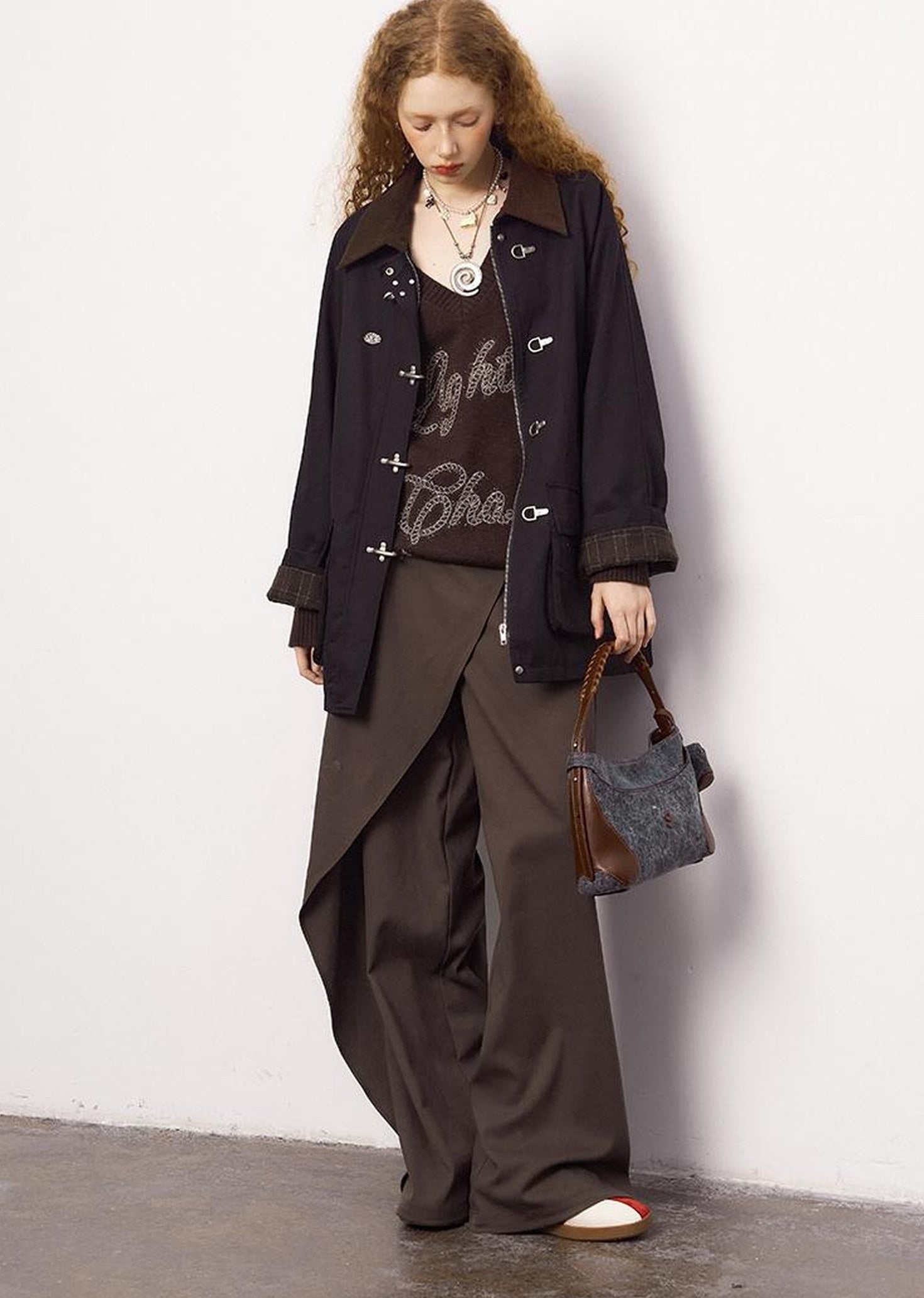 DIDDI MODA Foldable Cuff Metal Button Trench Coat With Corduroy Panels