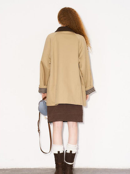 DIDDI MODA Foldable Cuff Metal Button Trench Coat With Corduroy Panels