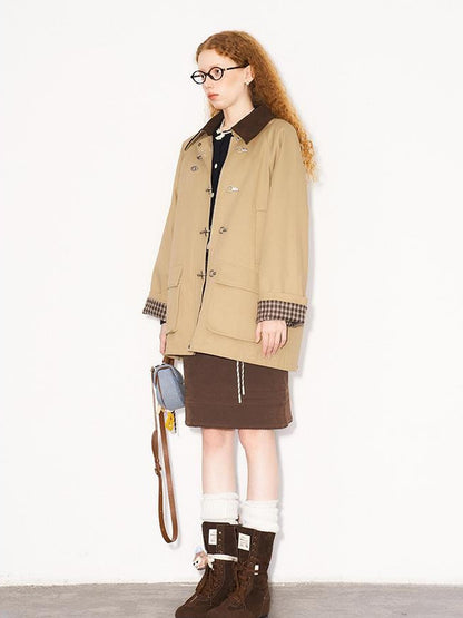 DIDDI MODA Foldable Cuff Metal Button Trench Coat With Corduroy Panels