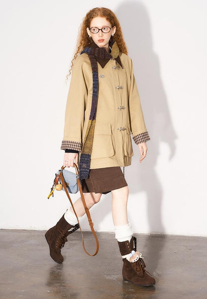 DIDDI MODA Foldable Cuff Metal Button Trench Coat With Corduroy Panels