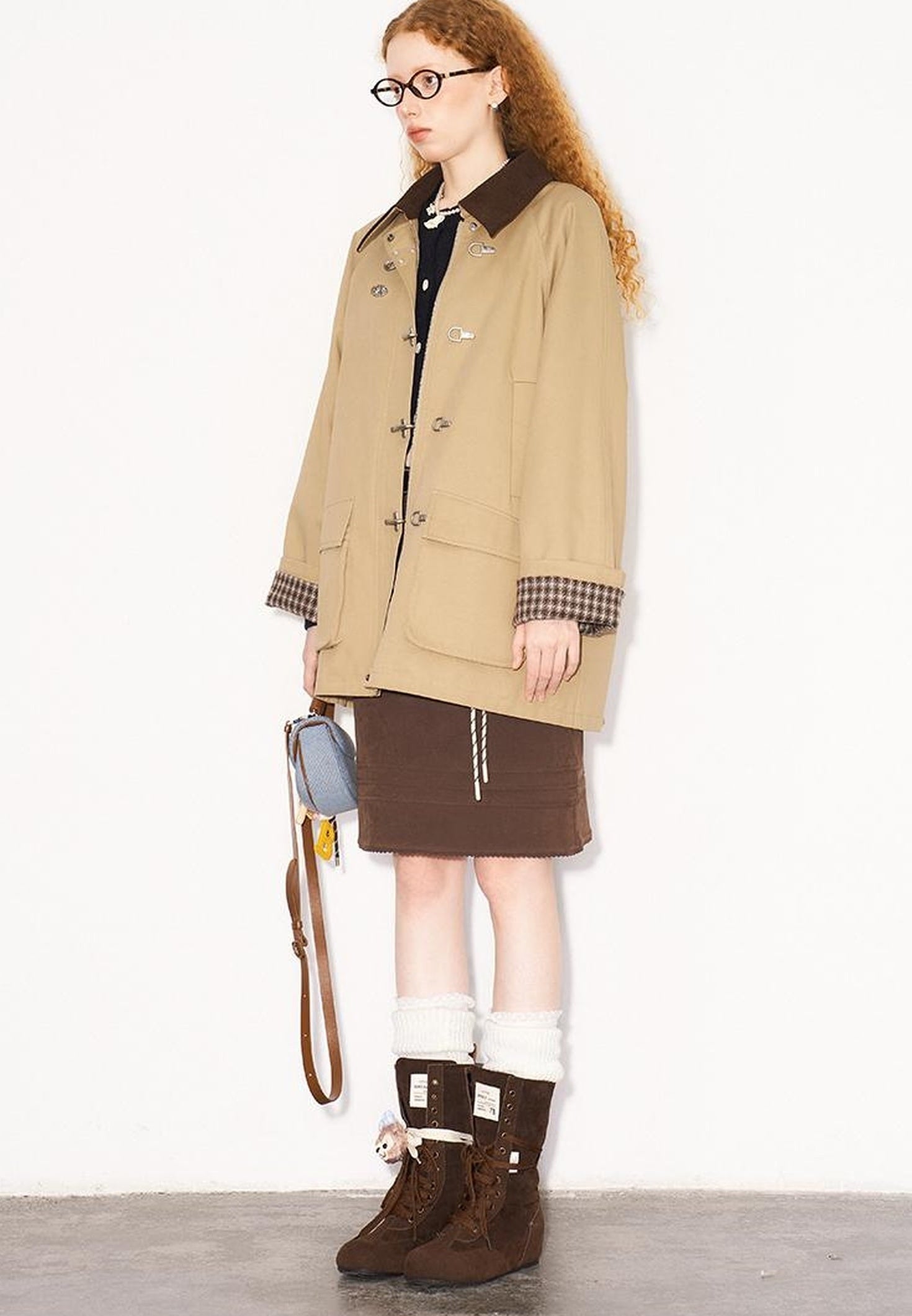 DIDDI MODA Foldable Cuff Metal Button Trench Coat With Corduroy Panels