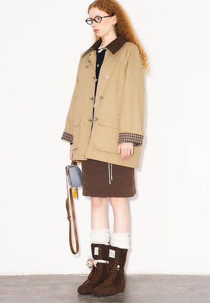 DIDDI MODA Foldable Cuff Metal Button Trench Coat With Corduroy Panels