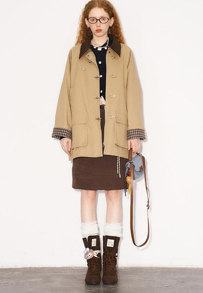 DIDDI MODA Foldable Cuff Metal Button Trench Coat With Corduroy Panels