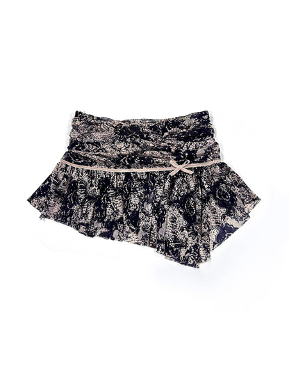 Flowers birds Market Double Layer Bow Ruffle Mesh Skirt
